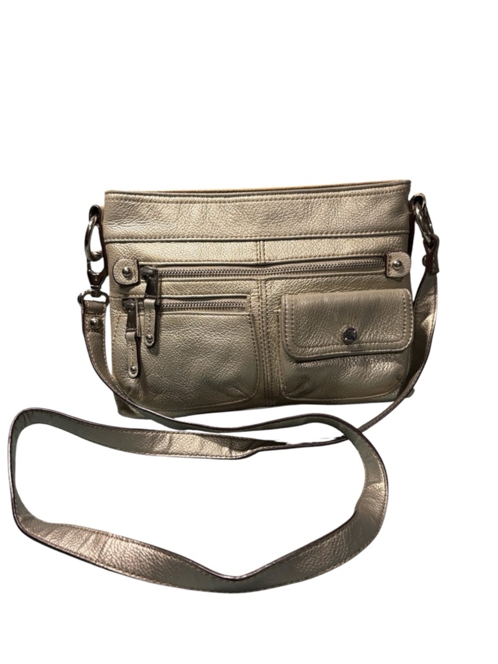 Tignanello Metallic Champagne Gold Pebbled Leather Organizer Crossbody Bag